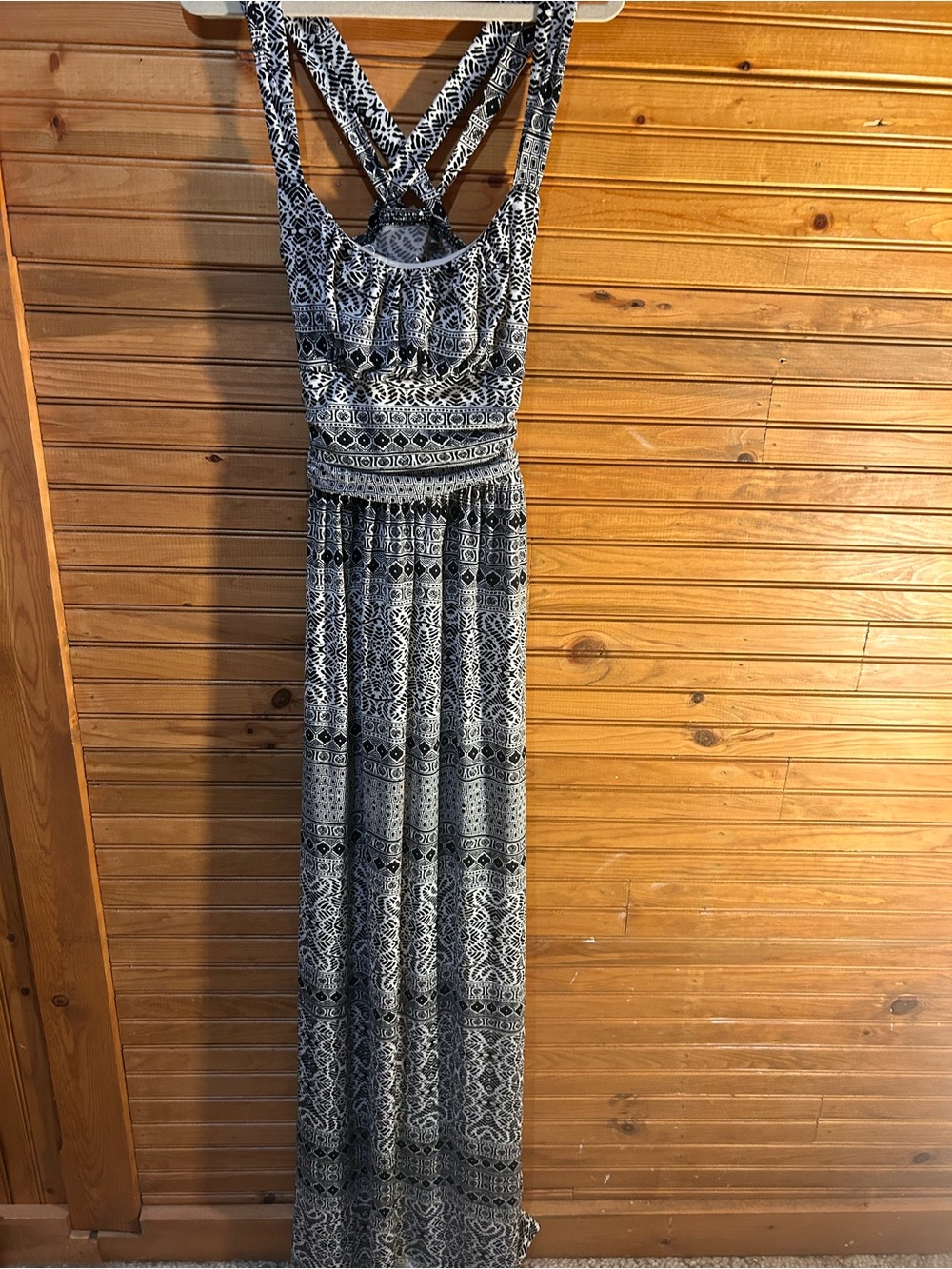 Maurices Black and White Patterned Maxi Dress with Crisscross Straps
